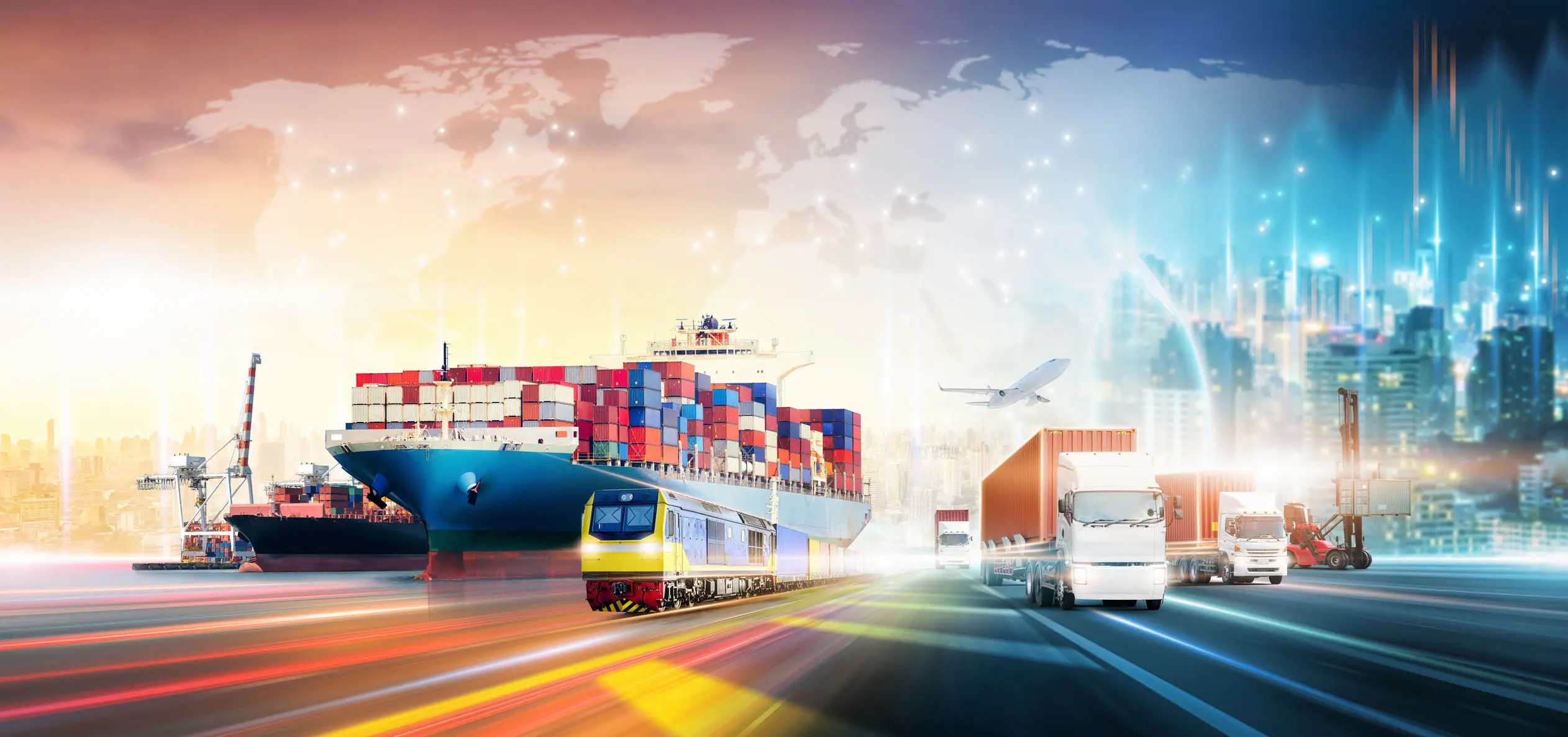 Grafik Logistik: Schiff, Zug, LKW, Flugzeug